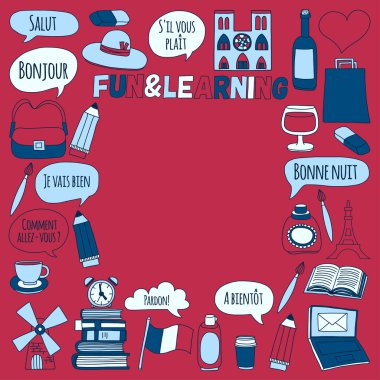 Online Fransızca kursları Dil Okulu vektör doodle simgeler kümesi