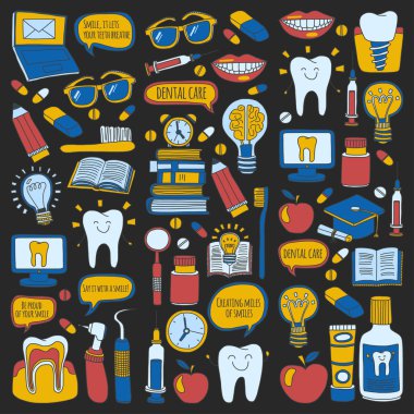 Diş Hekimliği vektör doodle simgeler çocuk diş bakımı kümesi