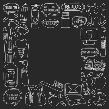 Diş Hekimliği vektör doodle simgeler çocuk diş bakımı kümesi