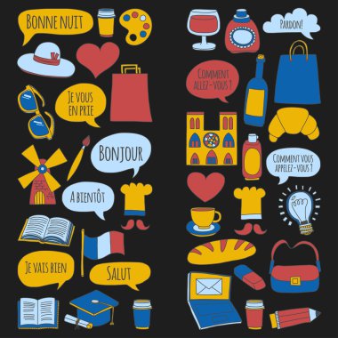 Online Fransızca kursları Dil Okulu vektör doodle simgeler kümesi