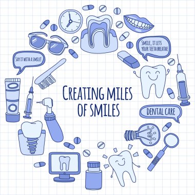 Diş Hekimliği vektör doodle simgeler çocuk diş bakımı kümesi