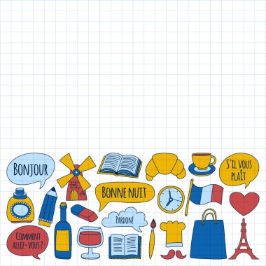 Online Fransızca kursları Dil Okulu vektör doodle simgeler kümesi