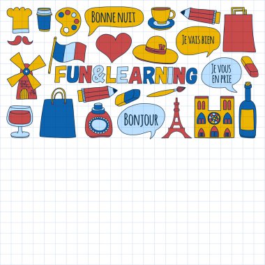 Online Fransızca kursları Dil Okulu vektör doodle simgeler kümesi