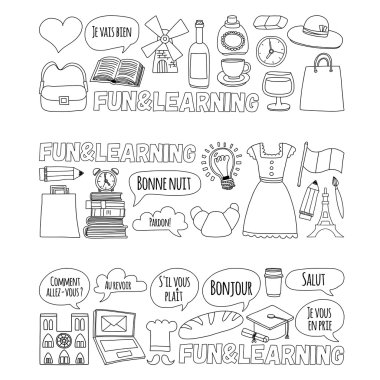 Online Fransızca kursları Dil Okulu vektör doodle simgeler kümesi