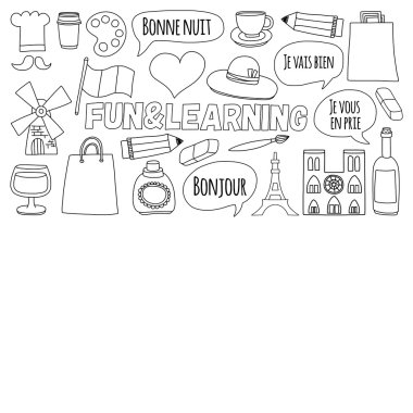 Online Fransızca kursları Dil Okulu vektör doodle simgeler kümesi