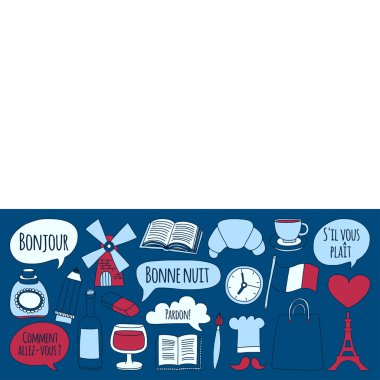 Online Fransızca kursları Dil Okulu vektör doodle simgeler kümesi