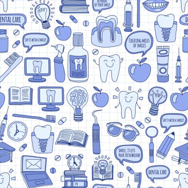 Diş Hekimliği vektör doodle simgeler çocuk diş bakımı kümesi