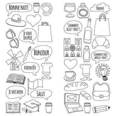 Online Fransızca kursları Dil Okulu vektör doodle simgeler kümesi