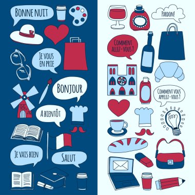 Online Fransızca kursları Dil Okulu vektör doodle simgeler kümesi