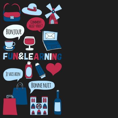 Online Fransızca kursları Dil Okulu vektör doodle simgeler kümesi