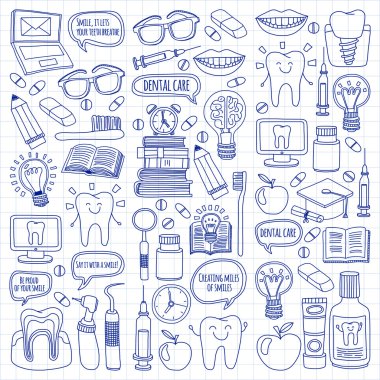 Diş Hekimliği vektör doodle simgeler çocuk diş bakımı kümesi