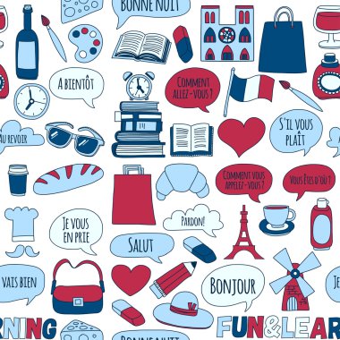 Online Fransızca kursları Dil Okulu vektör doodle simgeler kümesi