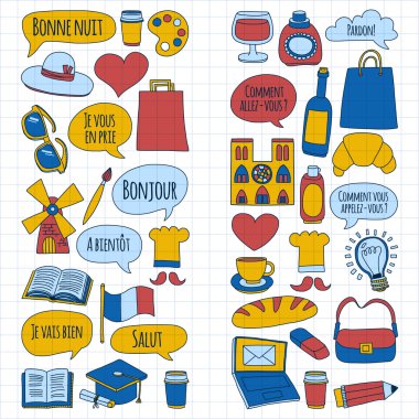 Online Fransızca kursları Dil Okulu vektör doodle simgeler kümesi