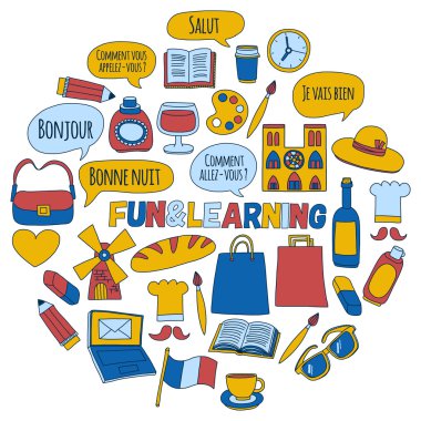 Online Fransızca kursları Dil Okulu vektör doodle simgeler kümesi