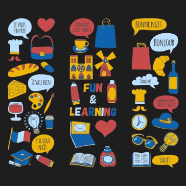 Online Fransızca kursları Dil Okulu vektör doodle simgeler kümesi
