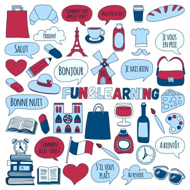 Online Fransızca kursları Dil Okulu vektör doodle simgeler kümesi