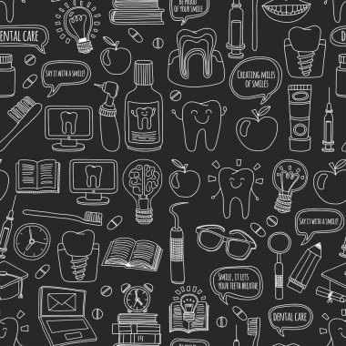 Diş Hekimliği vektör doodle simgeler çocuk diş bakımı kümesi