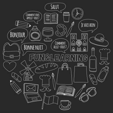 Online Fransızca kursları Dil Okulu vektör doodle simgeler kümesi