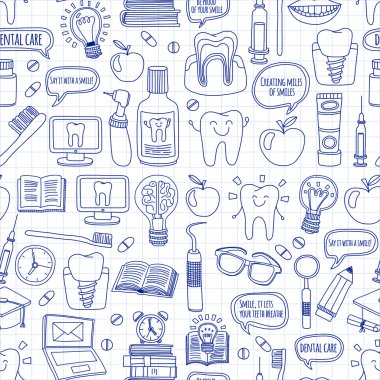 Diş Hekimliği vektör doodle simgeler çocuk diş bakımı kümesi