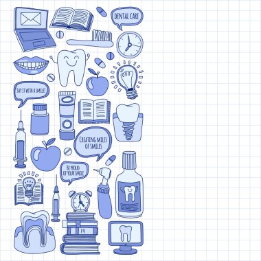 Diş Hekimliği vektör doodle simgeler çocuk diş bakımı kümesi