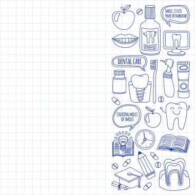 Diş Hekimliği vektör doodle simgeler çocuk diş bakımı kümesi