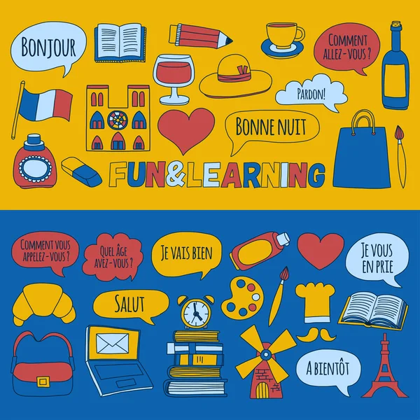 Online Fransızca kursları Dil Okulu vektör doodle simgeler kümesi