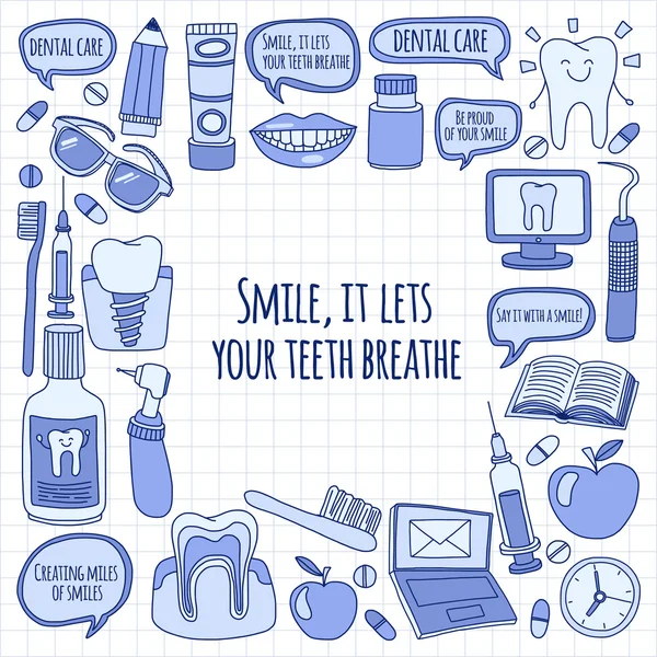 Diş Hekimliği vektör doodle simgeler çocuk diş bakımı kümesi