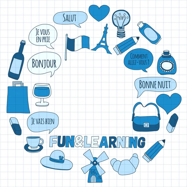 Online Fransızca kursları Dil Okulu vektör doodle simgeler kümesi