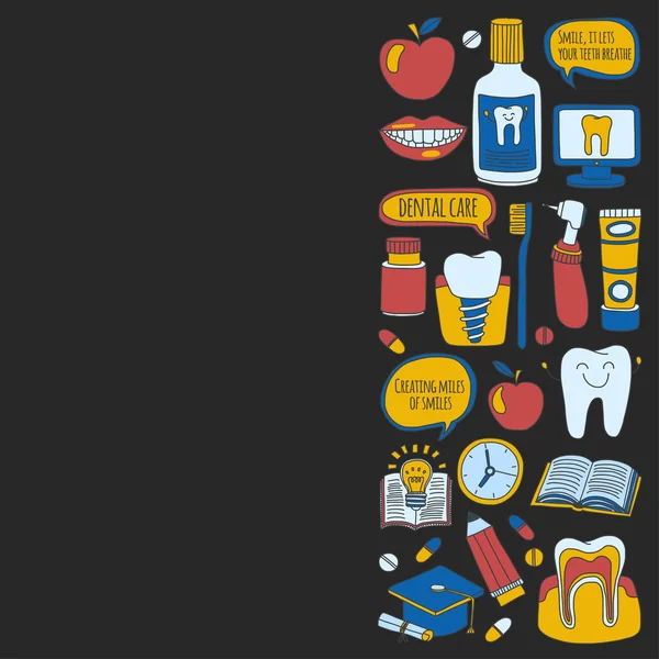 Odontoiatria Set di scarabocchi vettoriali di icone Cura dentale dei bambini — Vettoriale Stock