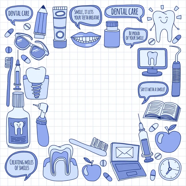 Diş Hekimliği vektör doodle simgeler çocuk diş bakımı kümesi