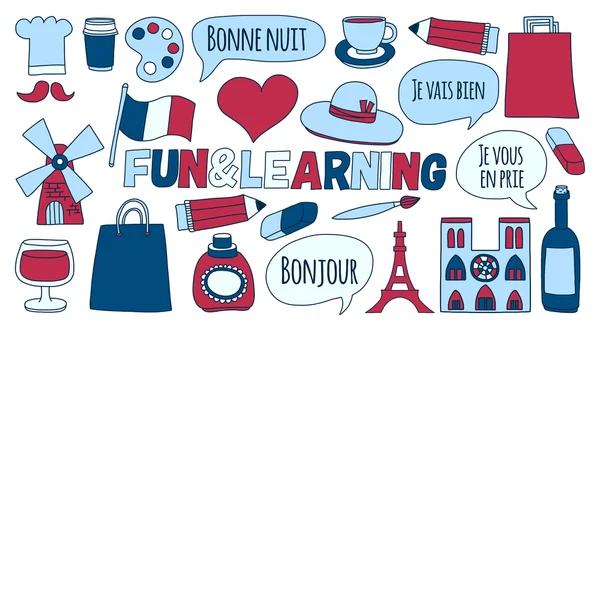Online french courses Language school Vector set of doodle icons — Stock Vector