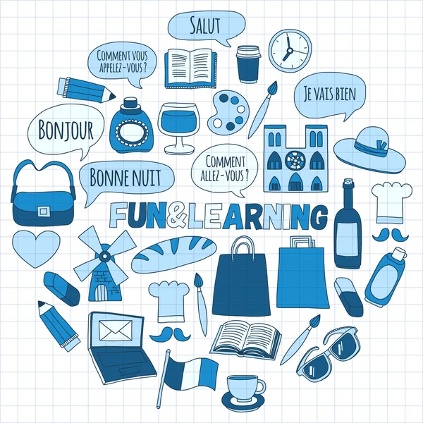 Online Fransızca kursları Dil Okulu vektör doodle simgeler kümesi