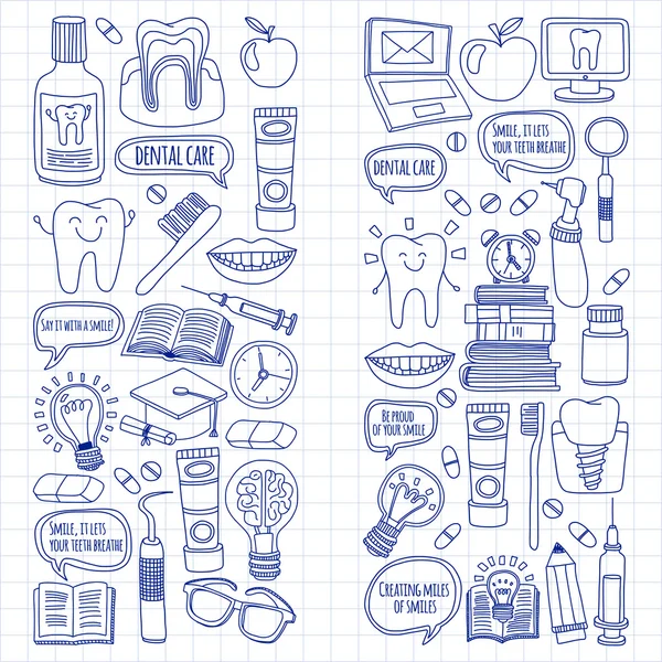 Odontologia Vector doodle conjunto de ícones Crianças atendimento odontológico —  Vetores de Stock