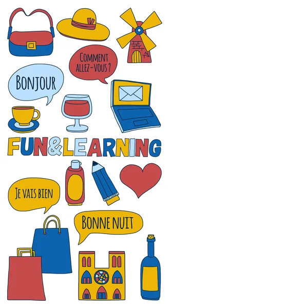 Online Fransızca kursları Dil Okulu vektör doodle simgeler kümesi