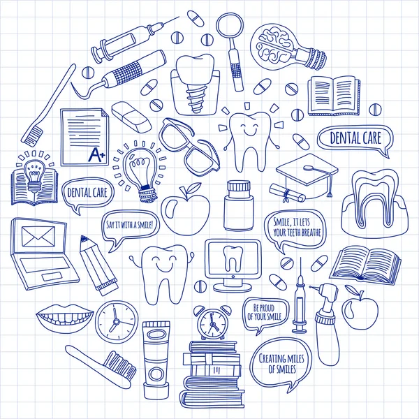 Odontología Vector doodle conjunto de iconos Cuidado dental infantil — Archivo Imágenes Vectoriales