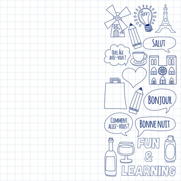 Online Fransızca kursları Dil Okulu vektör doodle simgeler kümesi