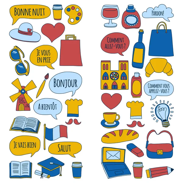 Cursos de francés en línea Language school Vector set of doodle icons — Vector de stock