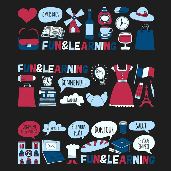 Online Fransızca kursları Dil Okulu vektör doodle simgeler kümesi