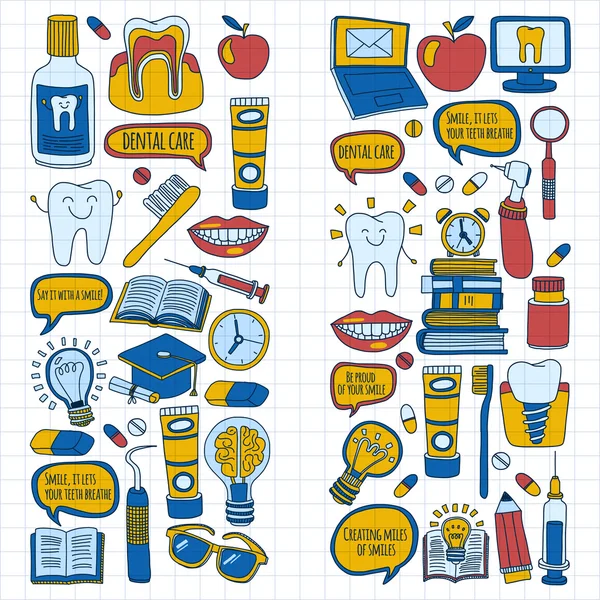 Odontología Vector doodle conjunto de iconos Cuidado dental infantil — Archivo Imágenes Vectoriales