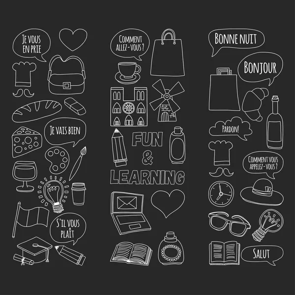 Cursos de francés en línea Language school Vector set of doodle icons — Archivo Imágenes Vectoriales