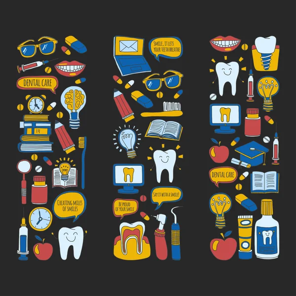 Diş Hekimliği vektör doodle simgeler çocuk diş bakımı kümesi