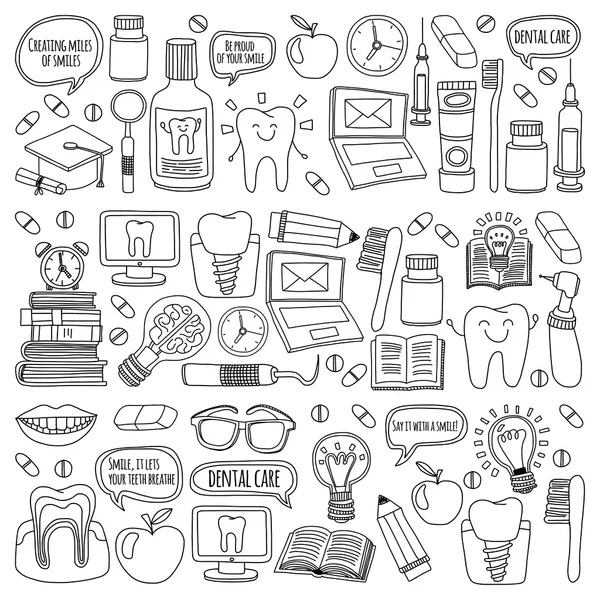Diş Hekimliği vektör doodle simgeler çocuk diş bakımı kümesi