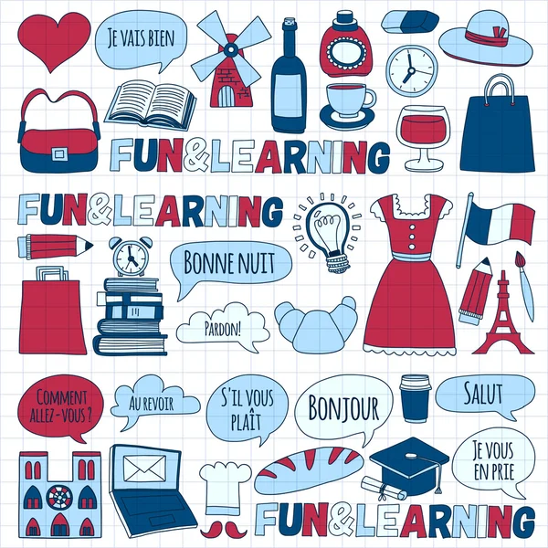 Online Fransızca kursları Dil Okulu vektör doodle simgeler kümesi
