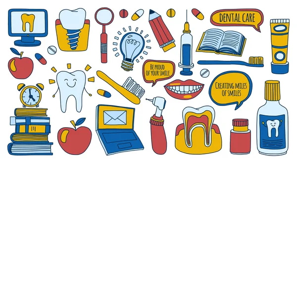 Odontologia Vector doodle conjunto de ícones Crianças atendimento odontológico —  Vetores de Stock