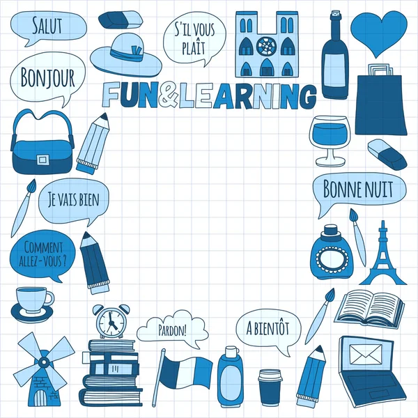 Online Fransızca kursları Dil Okulu vektör doodle simgeler kümesi