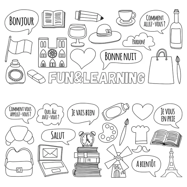 Online Fransızca kursları Dil Okulu vektör doodle simgeler kümesi