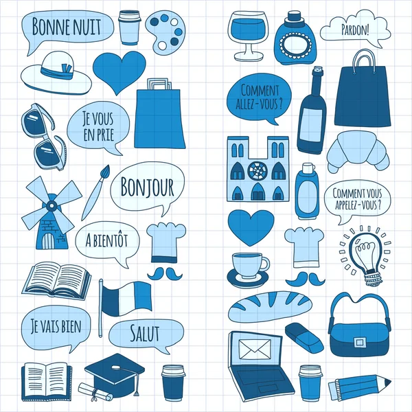 Online Fransızca kursları Dil Okulu vektör doodle simgeler kümesi