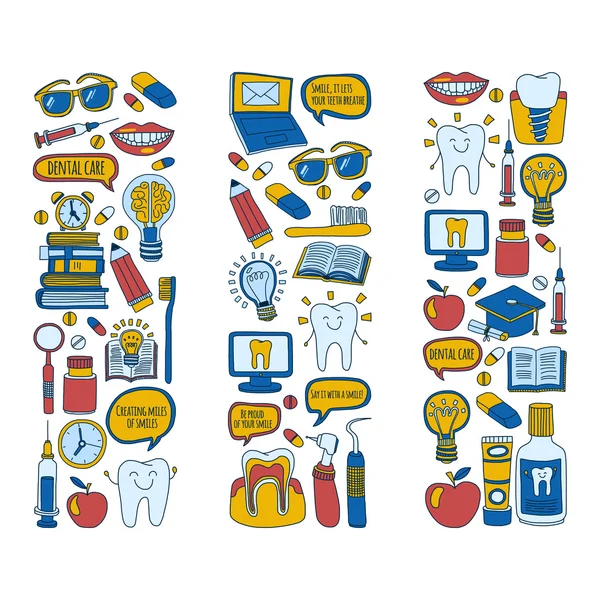 Odontología Vector doodle conjunto de iconos Cuidado dental infantil — Vector de stock