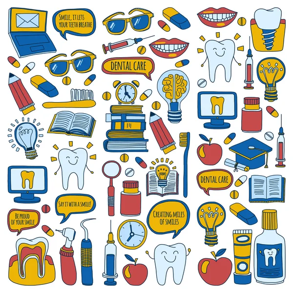 Odontología Vector doodle conjunto de iconos Cuidado dental infantil — Vector de stock