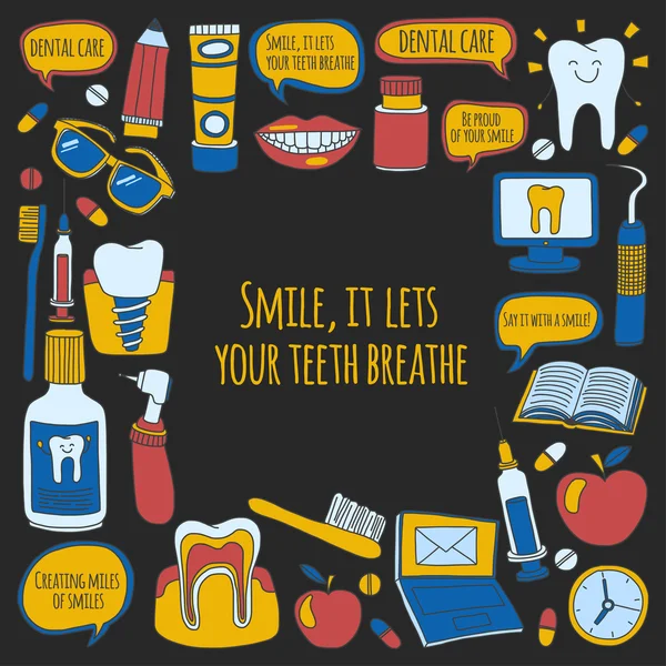 Diş Hekimliği vektör doodle simgeler çocuk diş bakımı kümesi